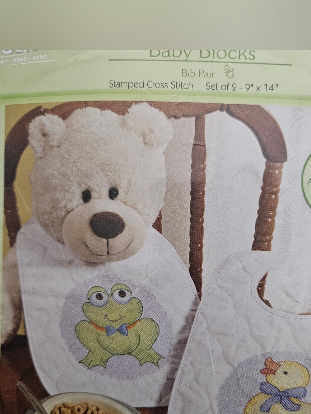 Bucilla Baby Blocks Stamped Cross Stitch Bib Pair Kit NIP Frog & Duck